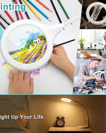 8X Magnifying Glass with Light and Clamp, 5 Color Modes Stepless Dimmable Lighted Magnifier with Stand, Flexible Gooseneck LED Desk Lamp Hands Free for Craft Painting Hobby Close Work - White - LeafyLoom