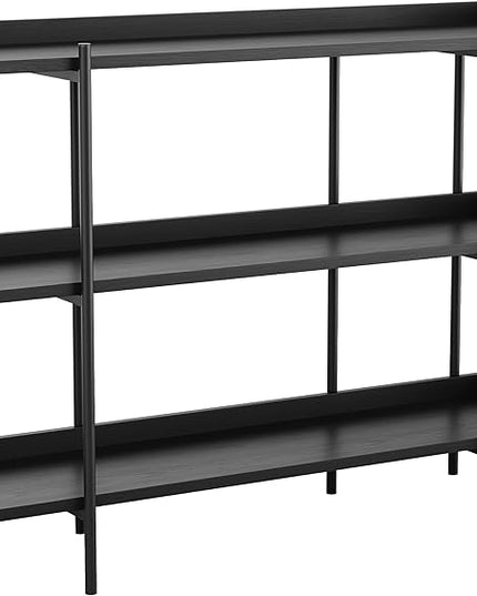 Martha Stewart Emmett 3 Shelf Bookcase with Vertical Metal Frame, Home Office Storage Display Unit, 35"H, Black Wood Grain/Oil Rubbed Bronze - LeafyLoom