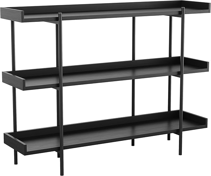 Martha Stewart Emmett 3 Shelf Bookcase with Vertical Metal Frame, Home Office Storage Display Unit, 35"H, Black Wood Grain/Oil Rubbed Bronze - LeafyLoom