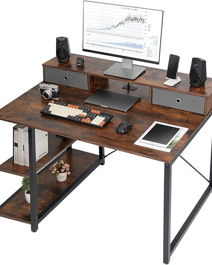 TOPSKY 47”x 31.5” Computer Desk with Drawers, Monitor Stand, Storage Shelf, 3-Port Charging Station (RUSTIC BROWN) - LeafyLoom