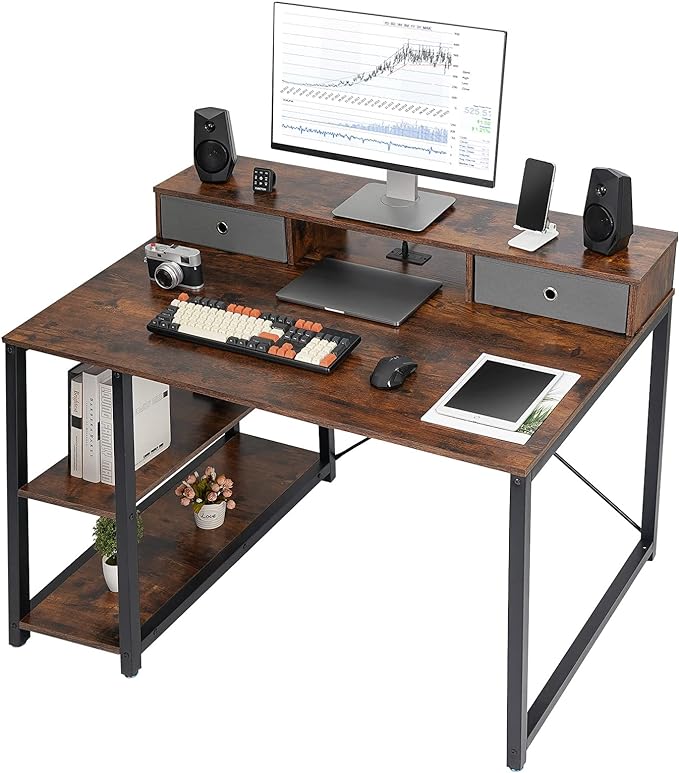TOPSKY 47”x 31.5” Computer Desk with Drawers, Monitor Stand, Storage Shelf, 3-Port Charging Station (RUSTIC BROWN) - LeafyLoom