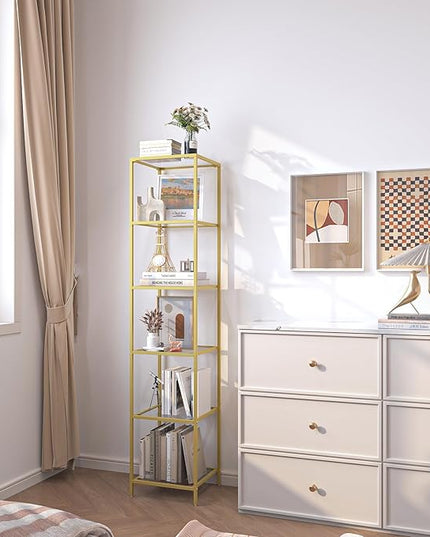 6-Tier Bookshelf,Metal Bookcase,Tempered Glass Shelves,Storage Rack Shelf for Home Office,Living Room,Bedroom, Bathroom,Modern Style,Golden - LeafyLoom