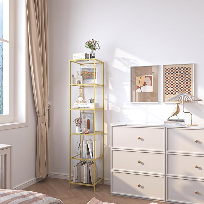 6-Tier Bookshelf,Metal Bookcase,Tempered Glass Shelves,Storage Rack Shelf for Home Office,Living Room,Bedroom, Bathroom,Modern Style,Golden - LeafyLoom