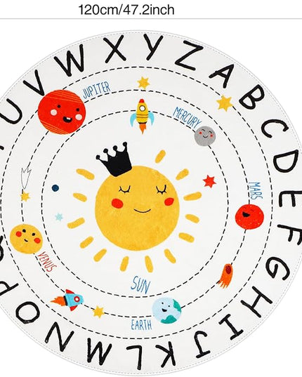 ABC Kids Rug,4 ft Washable Nursery Rug,Soft Plush Educational Circle Rug,Non-Slip Solar System Alphabet Rug for Classroom playroom Bedroom Kids Room Decor - LeafyLoom