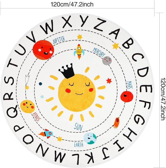 ABC Kids Rug,4 ft Washable Nursery Rug,Soft Plush Educational Circle Rug,Non-Slip Solar System Alphabet Rug for Classroom playroom Bedroom Kids Room Decor - LeafyLoom