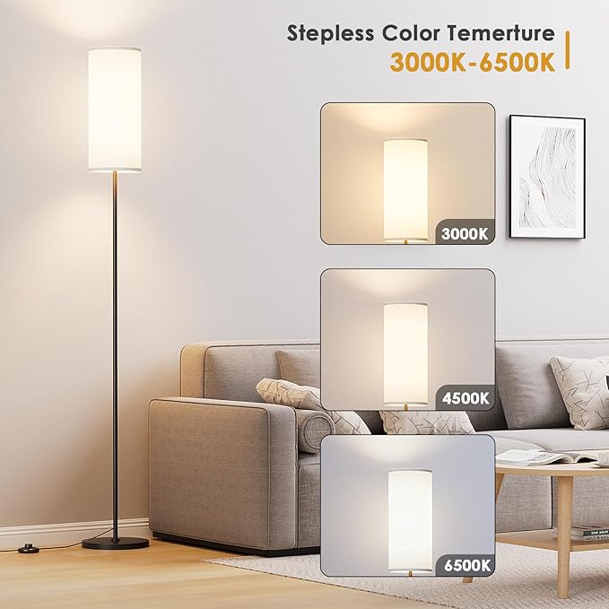 Floor Lamp for Living Room, Modern Standing lamp with Remote Control, Stepless Dimmable 12W Bulb & Beige Lampshade Included, Black Pole Tall Floor Lamp for Bedroom Office - LeafyLoom