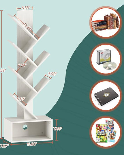 Yoobure Tree Bookshelf - 6 Shelf Retro Floor Standing Bookcase, Tall Wood Book Storage Rack for CDs/Movies/Books, Utility Book Organizer Shelves for Bedroom, Living Room, Home Office, White - LeafyLoom