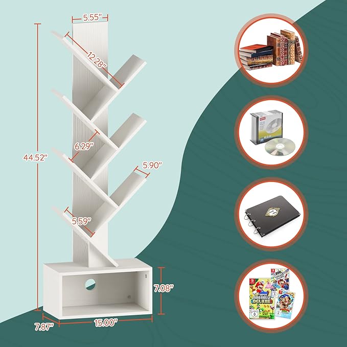 Yoobure Tree Bookshelf - 6 Shelf Retro Floor Standing Bookcase, Tall Wood Book Storage Rack for CDs/Movies/Books, Utility Book Organizer Shelves for Bedroom, Living Room, Home Office, White - LeafyLoom