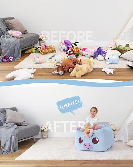 Aubliss Unicorn Stuffed Animal Storage Bean Bag Chair for Kids, Velvet Extra Soft Beanbag Chairs Cover, X-Large Stuffable Zipper Bean Bag for Organizing Plush Toys Girls Bedroom Decor, Blue - LeafyLoom
