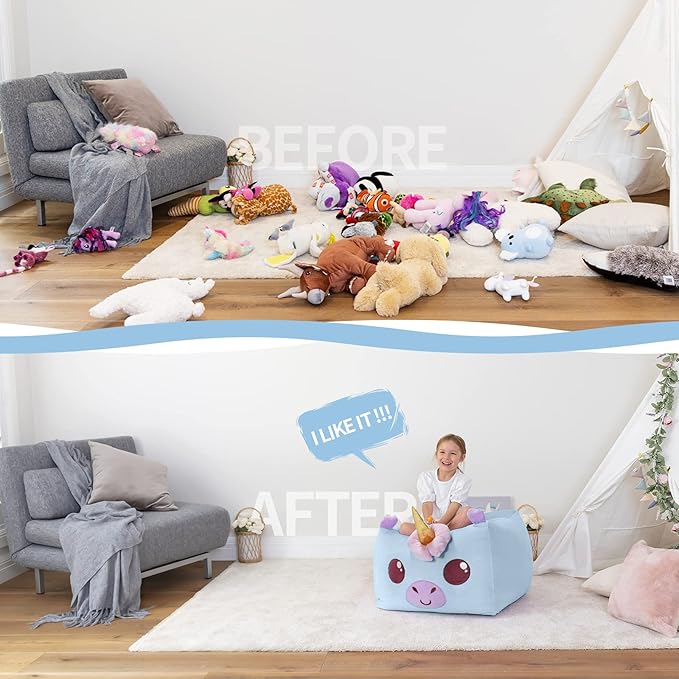 Aubliss Unicorn Stuffed Animal Storage Bean Bag Chair for Kids, Velvet Extra Soft Beanbag Chairs Cover, X-Large Stuffable Zipper Bean Bag for Organizing Plush Toys Girls Bedroom Decor, Blue - LeafyLoom