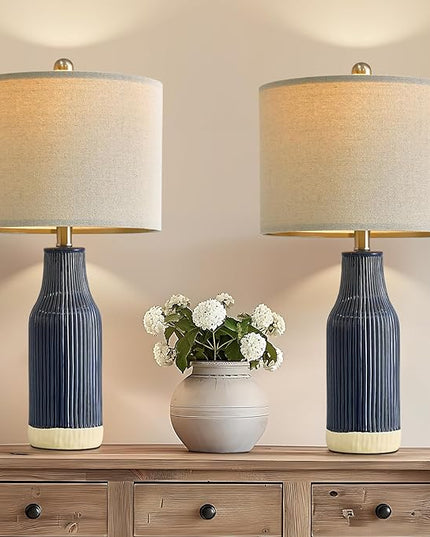 23.75" Modern Blue Ceramic Table Lamp Set of 2 for Living Room, Farmhouse Bedside Nightstand Lamp for Bedroom Home Office Dorm - LeafyLoom