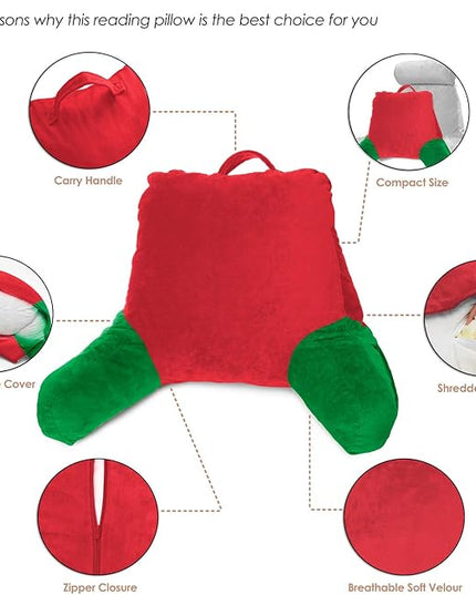 Clara Clark Reading Pillow, Standard Back Pillow for Sitting Up in Bed, Memory Foam Back Support Pillow, Reading Pillows for Sitting in Bed, Holiday Color Sit Up Pillow for Bed Arm Pillow with Pockets - LeafyLoom