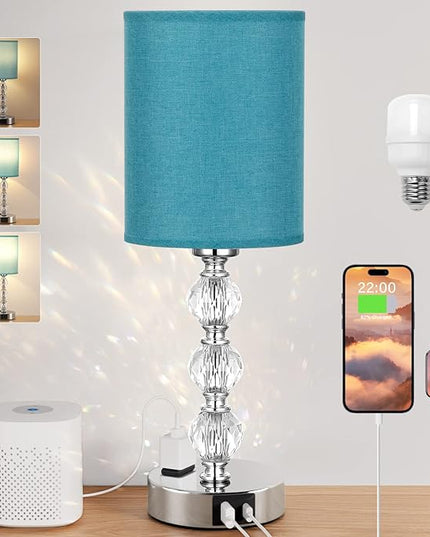 Green Touch Bedside Lamps for Bedrooms - Crystal Table Lamp with USB C+A Charging Port and AC Outlet Nightstand, 3 Way Dimmable Silver Small End Side Table Lamp for Living/Guest/Dinning Room/Kitchen - LeafyLoom