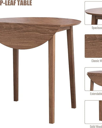 NicBex Small Dining Table for 2 Breakfast Nook Table Set 3Pcs Retro Round Counter Height Drop-Leaf Table with 2 Upholstered Chairs Dining Table Set Pub Set for Small Space Kitchen, Walnut - LeafyLoom