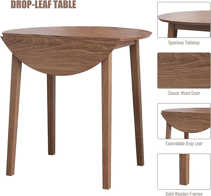NicBex Small Dining Table for 2 Breakfast Nook Table Set 3Pcs Retro Round Counter Height Drop-Leaf Table with 2 Upholstered Chairs Dining Table Set Pub Set for Small Space Kitchen, Walnut - LeafyLoom