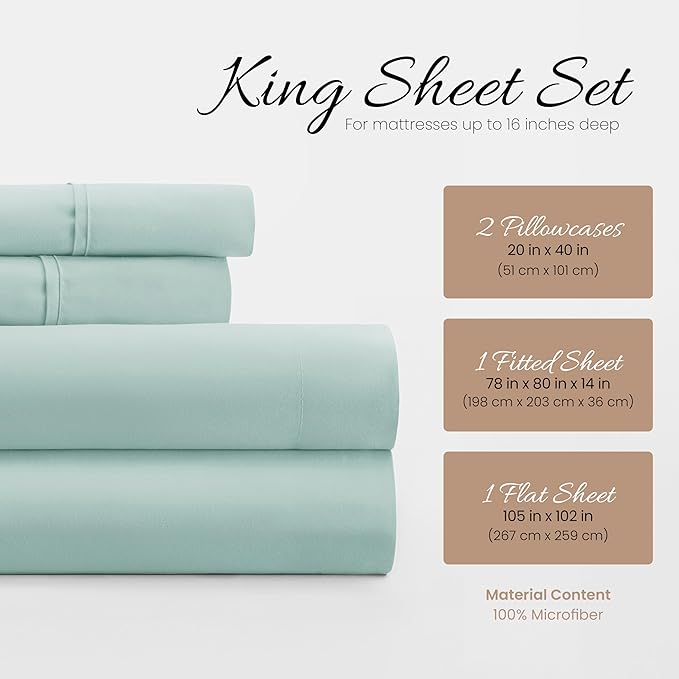 Linen Market Bed Sheets for King Size Bed (Aqua) - Sleep Better Than Ever with These Soft and Cooling King Sheets - Deep Pocket Fits 16" Thick Beds - 4 Piece King Sheet Set - LeafyLoom