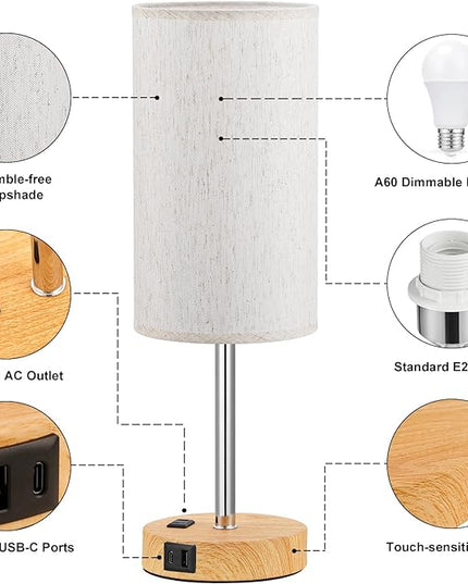 Touch Table Lamp - Cream, 3-Way Dimmable, USB A + C Charging, AC Outlet, 17.4inch Medium, Wood Grain Base - LeafyLoom