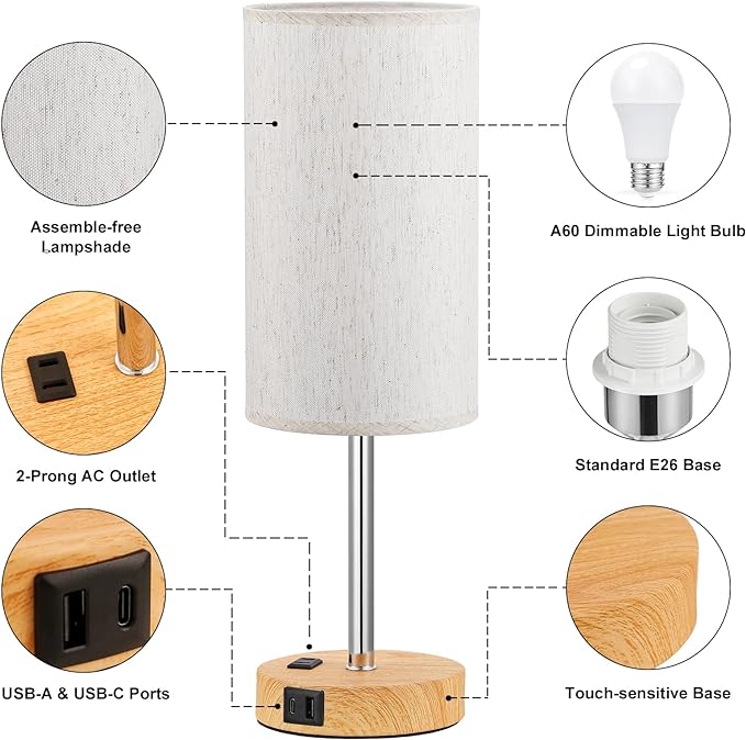 Touch Table Lamp - Cream, 3-Way Dimmable, USB A + C Charging, AC Outlet, 17.4inch Medium, Wood Grain Base - LeafyLoom