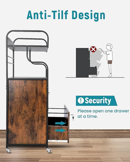 Vertical File Cabinet, 2 Drawer Mobile Filing Cabinet with 1 Bookshelf, Printer Stand with Open Storage Shelves Fits A4/Letter/Legal Size File Cabinets for Home Office Organizer, Brown - LeafyLoom