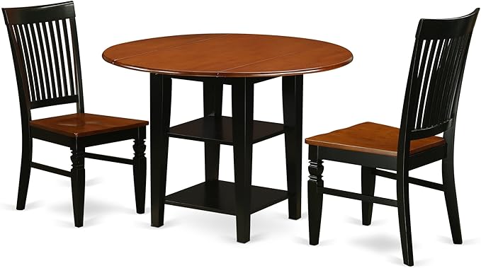 East West Furniture SUWE3-BCH-W 3 Piece Room Furniture Set Contains a Round Kitchen Table with Dropleaf & Shelves and 2 Dining Chairs, 42x42 Inch, Black & Cherry - LeafyLoom