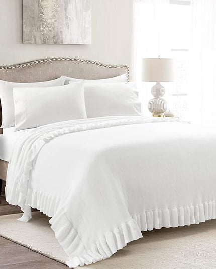 Lush Decor Reyna Soft Knitted Ruffle Throw Blanket, 104" W x 88" L, White - Classic Ruffled Bedding - Knit Blanket - Cozy Oversized Blanket For Bed or Couch - Vintage, Minimalist & Cottage Home Decor - LeafyLoom