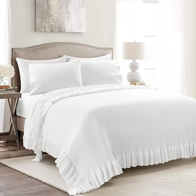 Lush Decor Reyna Soft Knitted Ruffle Throw Blanket, 104" W x 88" L, White - Classic Ruffled Bedding - Knit Blanket - Cozy Oversized Blanket For Bed or Couch - Vintage, Minimalist & Cottage Home Decor - LeafyLoom