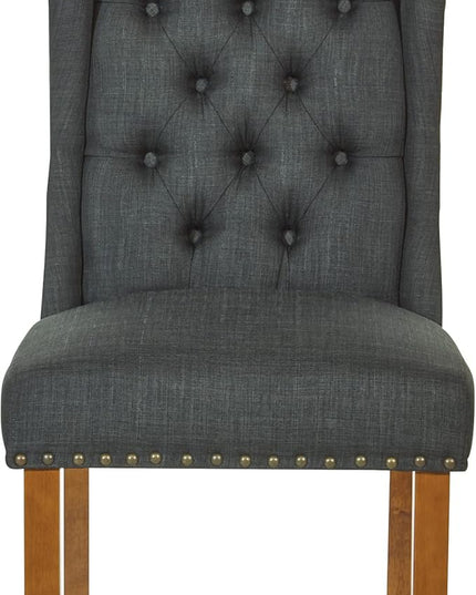 OSP Home Furnishings Jessica Button Tufted Wingback Upholstered Dining Chair with Wood Legs, Charcoal Fabric - LeafyLoom