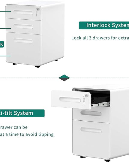 YITAHOME 3-Drawer Metal Mobile File Cabinet, Rolling Filing Cabinet with Lock, Filing Cabinet Under Desk fits Legal/A4 Size for Home/Office, Fully Assembled,White - LeafyLoom