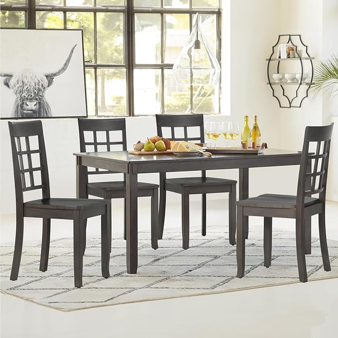 COLAMY Wooden Dining Chairs Set of 6, Nine-Square High Back Kitchen Side Chair, Farmhouse Dining Chairs for Kitchen and Dining Room, Dark Grey - LeafyLoom