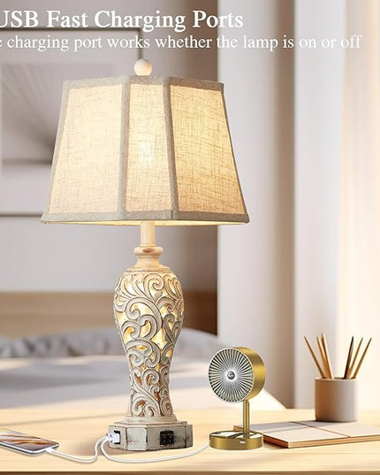 Set of 2 Rustic Table Lamps for Living Room Bedroom, Farmhouse Vintage Nightstand Lamp with 2 USB Ports, Hollow Out Resin Lamp for End Table with Nightlight, Bulbs Included (Wash White) - LeafyLoom