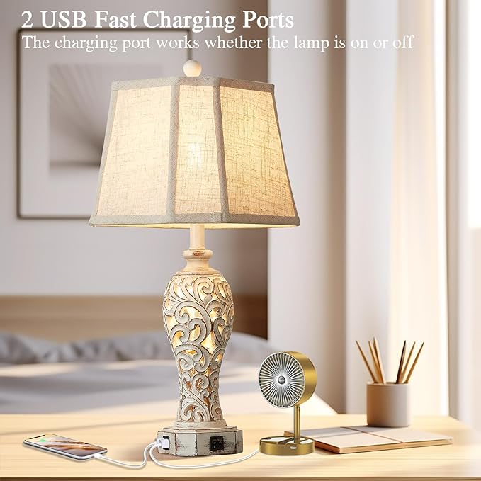 Set of 2 Rustic Table Lamps for Living Room Bedroom, Farmhouse Vintage Nightstand Lamp with 2 USB Ports, Hollow Out Resin Lamp for End Table with Nightlight, Bulbs Included (Wash White) - LeafyLoom
