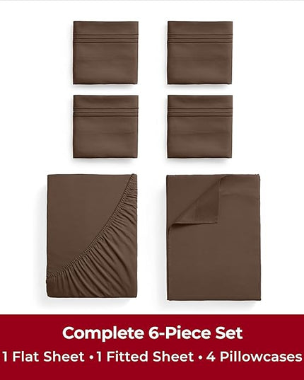 Mellanni California King Sheets Set - 6 PC Iconic Collection Bedding Sheets & Pillowcases - Ultra Soft, Cooling Bed Sheets - Deep Pocket up to 16 inch - 6 PC (Cal King, Brown w/Extra Pillow Cases) - LeafyLoom