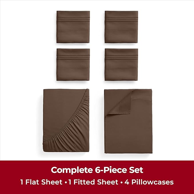 Mellanni California King Sheets Set - 6 PC Iconic Collection Bedding Sheets & Pillowcases - Ultra Soft, Cooling Bed Sheets - Deep Pocket up to 16 inch - 6 PC (Cal King, Brown w/Extra Pillow Cases) - LeafyLoom