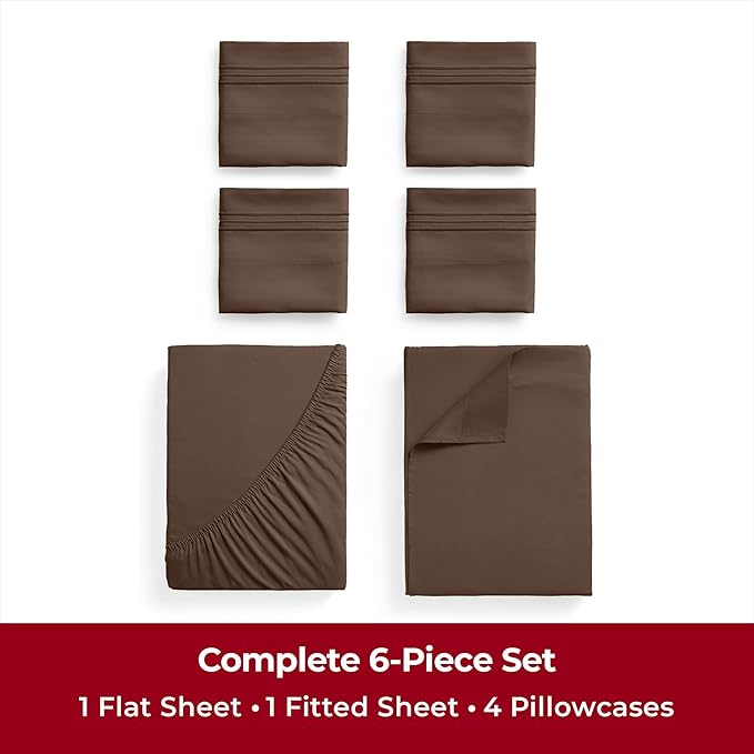 Mellanni Full Sheets Set - 6 PC Iconic Collection Bedding Sheets & Pillowcases - Hotel Luxury, Ultra Soft, Cooling Bed Sheets - Deep Pocket up to 16 inch - 6 PC (Full, Brown w/Extra Pillow Cases) - LeafyLoom
