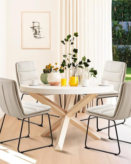 COLAMY Dining Chairs Set of 4, Modern Waffle Fabric Dining Chairs, Faux Leather Chairs with Back for Kitchen Dining Living Waiting Room, Cream - LeafyLoom