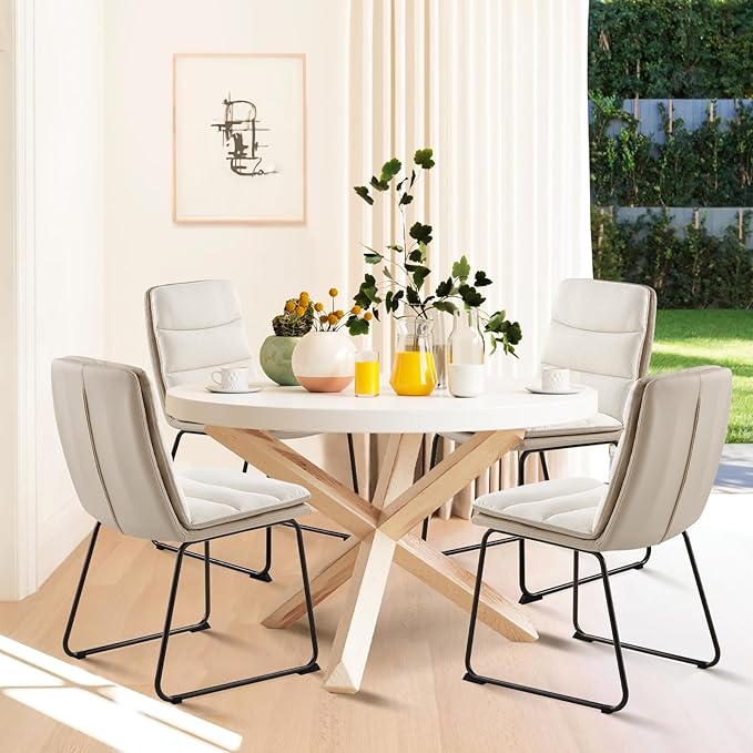 COLAMY Dining Chairs Set of 4, Modern Waffle Fabric Dining Chairs, Faux Leather Chairs with Back for Kitchen Dining Living Waiting Room, Cream - LeafyLoom