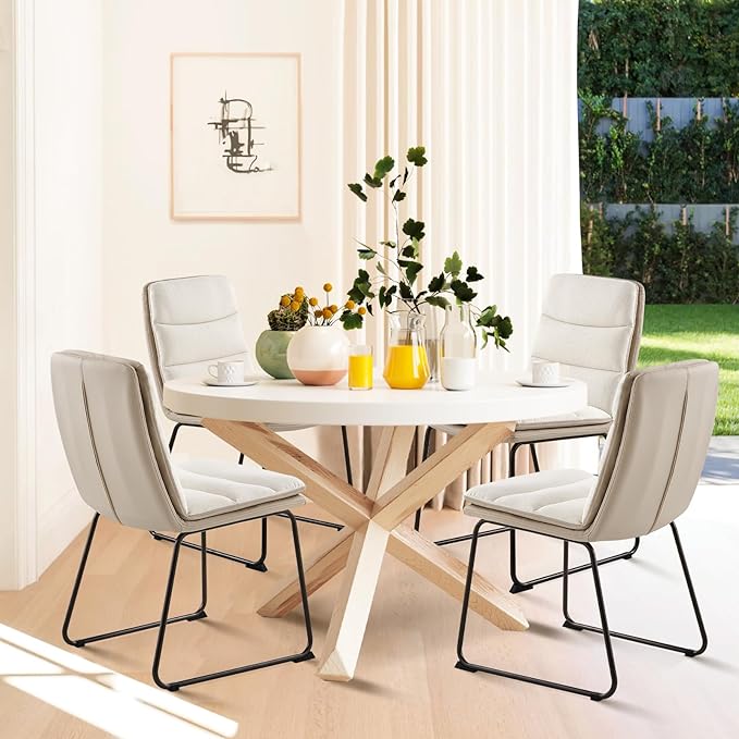 COLAMY Dining Chairs Set of 4, Modern Waffle Dining Chair, Leather Chairs with Metal Legs for Dining Room Living Room Kitchen Coffee Shop, Cream - LeafyLoom