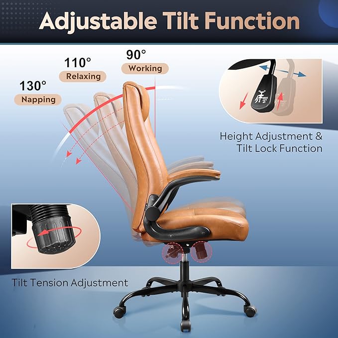 DEVAISE Computer Office Chair, High Back Ergonomic Desk Chair with Adjustable Flip-up Armrests, Lumbar Support and Thick Headrest, Executive Suede Fabric Swivel Task Chair, Brown - LeafyLoom
