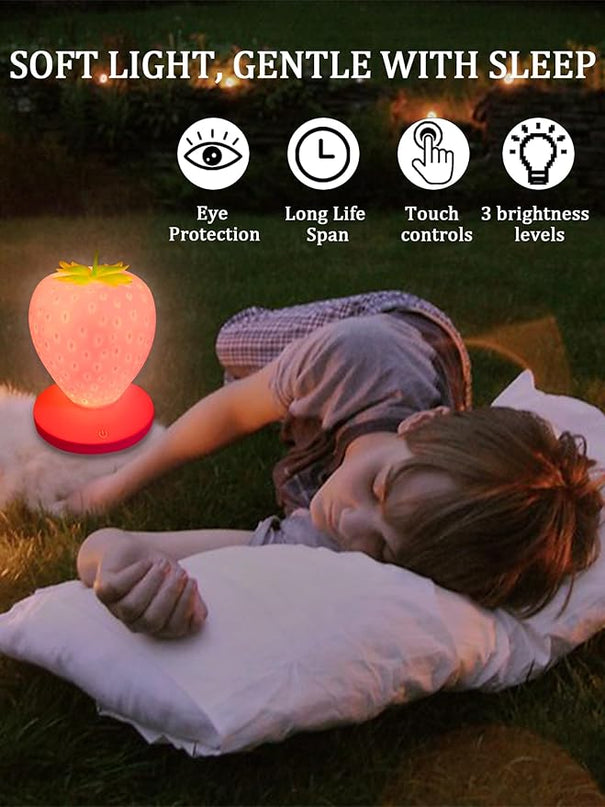 Strawberry Night Light,Cute Silicone Strawberry Lights Kawaii Room Decor,USB Rechargeable Bedside Lamp 3 Gear Touch Lighting,Cute Strawberry Gifts for Baby,Children, Toddlers,Teen Girls - LeafyLoom