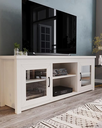 Flash Furniture Sheffield Engineered Wood TV Stand for 80" TVs, Media Console/TV Cabinet with 3 Adjustable Shelves and Glass Doors, White Wash Finish - LeafyLoom
