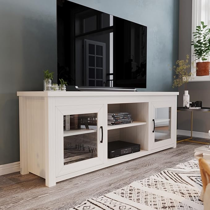 Flash Furniture Sheffield Engineered Wood TV Stand for 80" TVs, Media Console/TV Cabinet with 3 Adjustable Shelves and Glass Doors, White Wash Finish - LeafyLoom