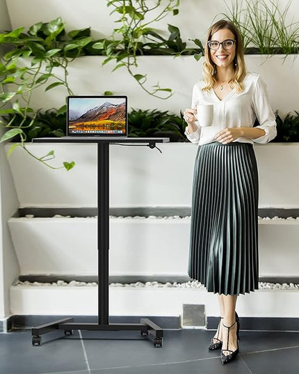 Rolling Desk with Adjustable Height, Sit-to-Stand Desk with Lockable Wheels, 28-Inch Rolling Standing Mobile Desk Cart for Home Office Classroom (Black) - LeafyLoom