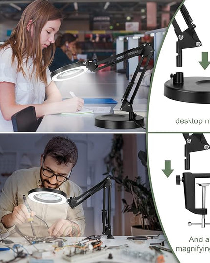 8X Magnifying Glass with Light and Stand, Upgrade Button 5 Color Modes Stepless Dimmable, 2-in-1 LED Lighted Magnifier Light, Hands Free Desk Lamp with Clamp for Craft Hobby Reading Close Work - LeafyLoom