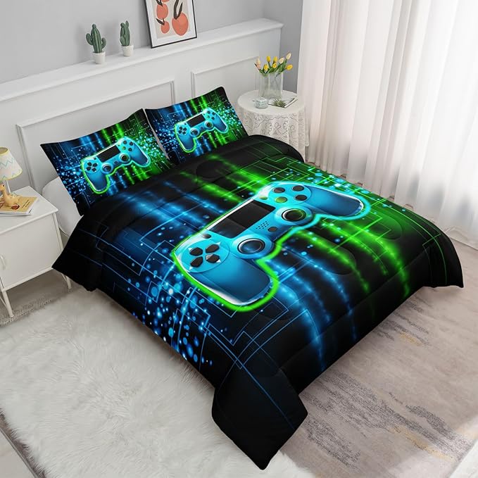 Datura home Video Gamer Comforter Set for Kids Teens Adults,Green Black Gamepad Modern Gamer Gaming Printed Bedding Set with 1 Comforter and 2 Pillowcases(Gamepad Green Queen) - LeafyLoom