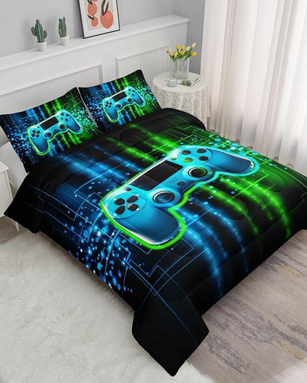 Datura home Video Gamer Comforter Set for Kids Teens Adults,Green Black Gamepad Modern Gamer Gaming Printed Bedding Set with 1 Comforter and 2 Pillowcases(Gamepad Green Full) - LeafyLoom