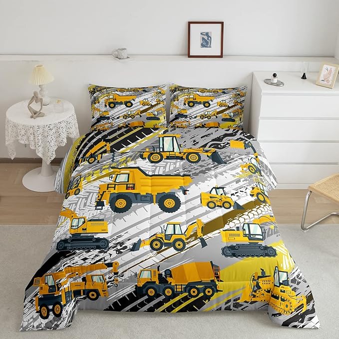 Boys Construction Comforter Set Truck Bedroom Decor for Kids Girls Under Construction Vehicles Down Comforter Toddler Child Cartoon Machinery Truck Excavator Bedding Tractor Cars Duvet Quilt,Queen - LeafyLoom