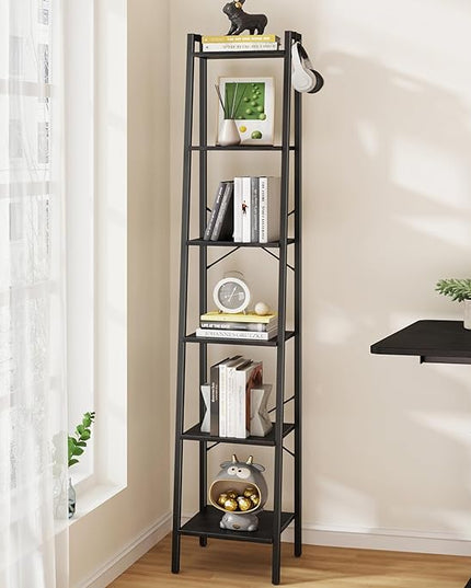 Ladder Shelf, Bookshelf Bookcase, Freestanding Corner Storage Shelve with 2 Hooks for Home Office, Living Room, Kitchen, Bedroom, Industrial, 6-Tier Black BC13304B - LeafyLoom