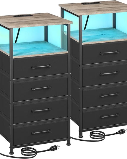 Nightstands Set of 2, Large End Tables Living Room, Bed Side Tables with Charging Station, 30" Tall Night Stand with 4 Fabric Drawers and LED Light Strip for Bedroom HNS014GY - LeafyLoom