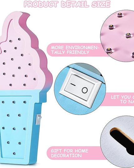 2 Pcs Ice Cream Valentine Romance Atmosphere Light Wooden Ice Cream LED Night Light Ice Cream Theme Valentine Romance Lamps Battery Operated LED Night Lights for Birthday Party Decor (Blue-Pink) - LeafyLoom