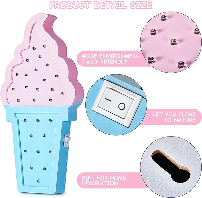 2 Pcs Ice Cream Valentine Romance Atmosphere Light Wooden Ice Cream LED Night Light Ice Cream Theme Valentine Romance Lamps Battery Operated LED Night Lights for Birthday Party Decor (Blue-Pink) - LeafyLoom